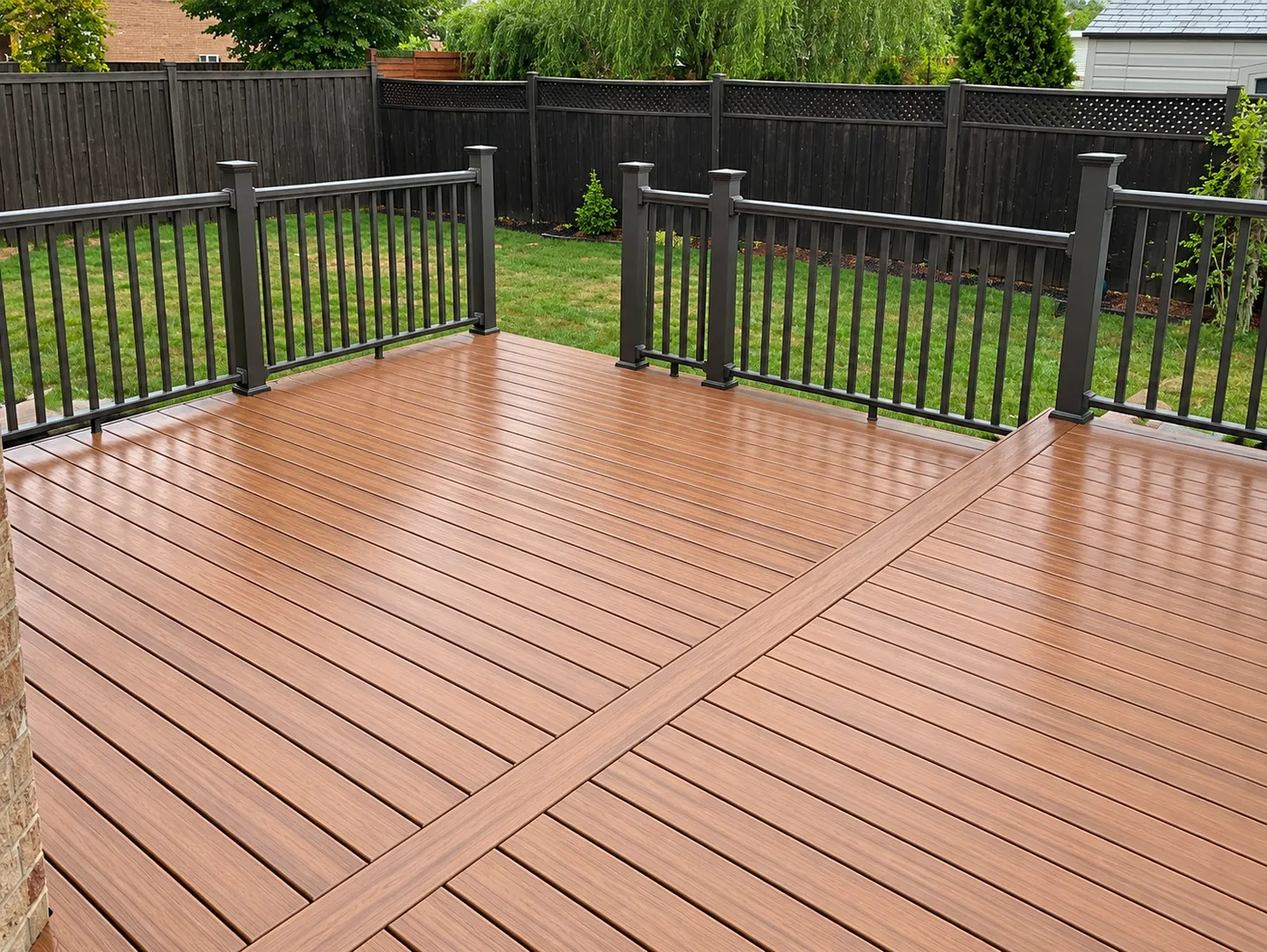 Composite deck boards with a divider board and black aluminum railings in Mississauga