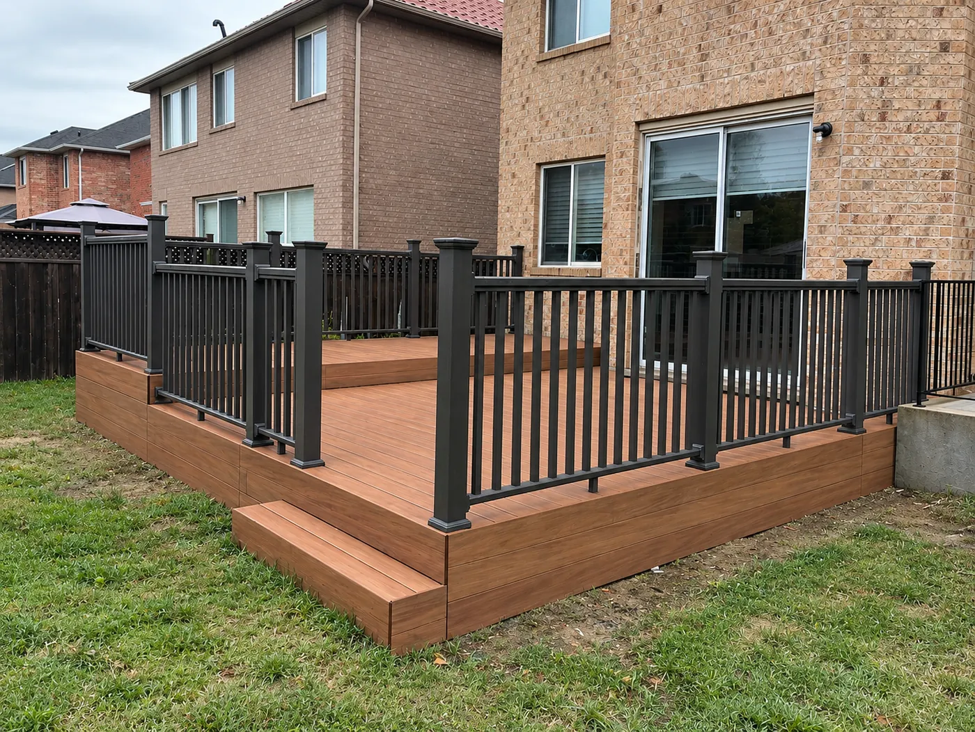 Composite deck with black aluminum railings and a wide step in a Mississauga backyard