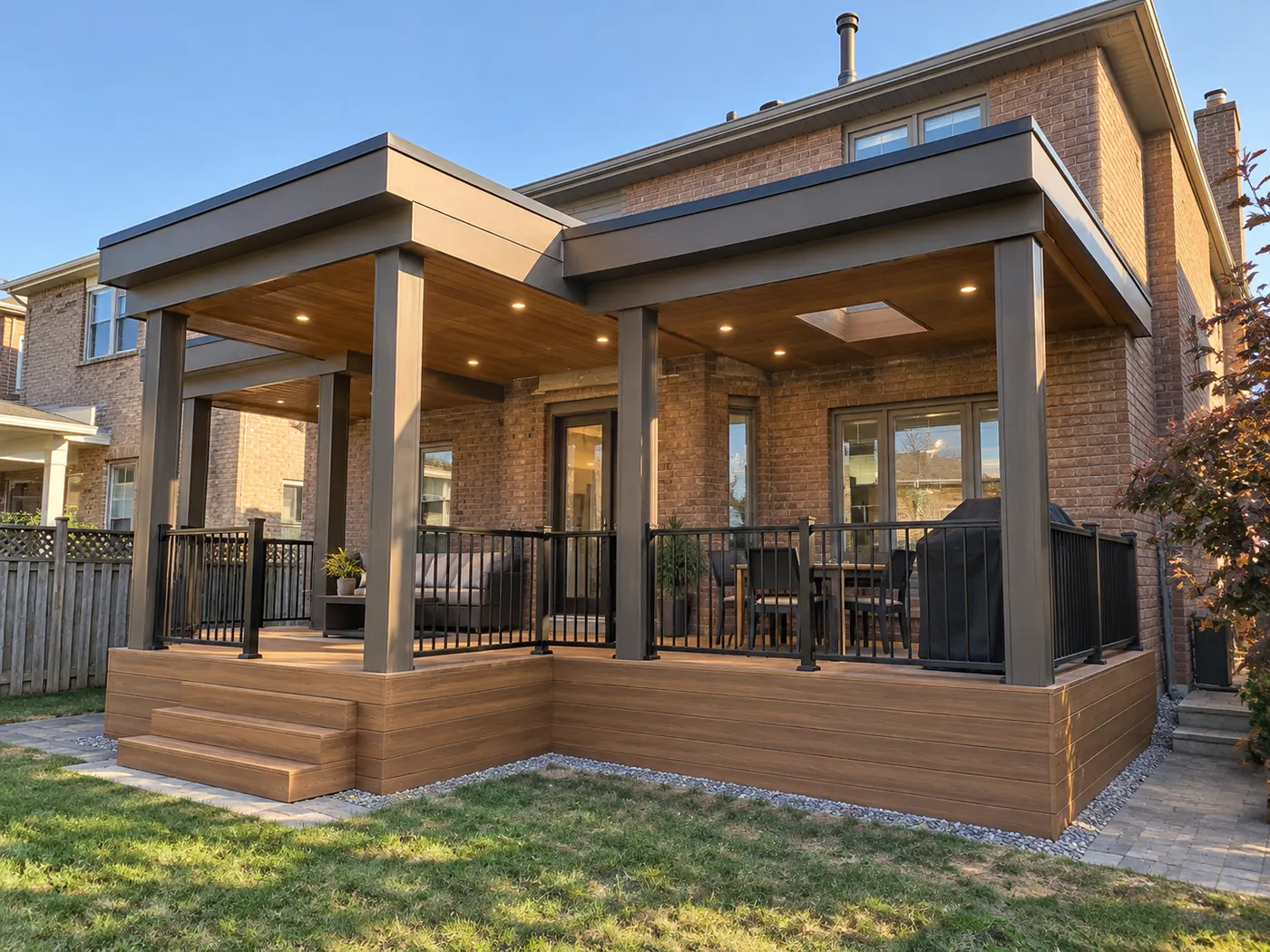 Covered deck with a flat roof, pot lights, stairs and black railings in a Vaughan backyard