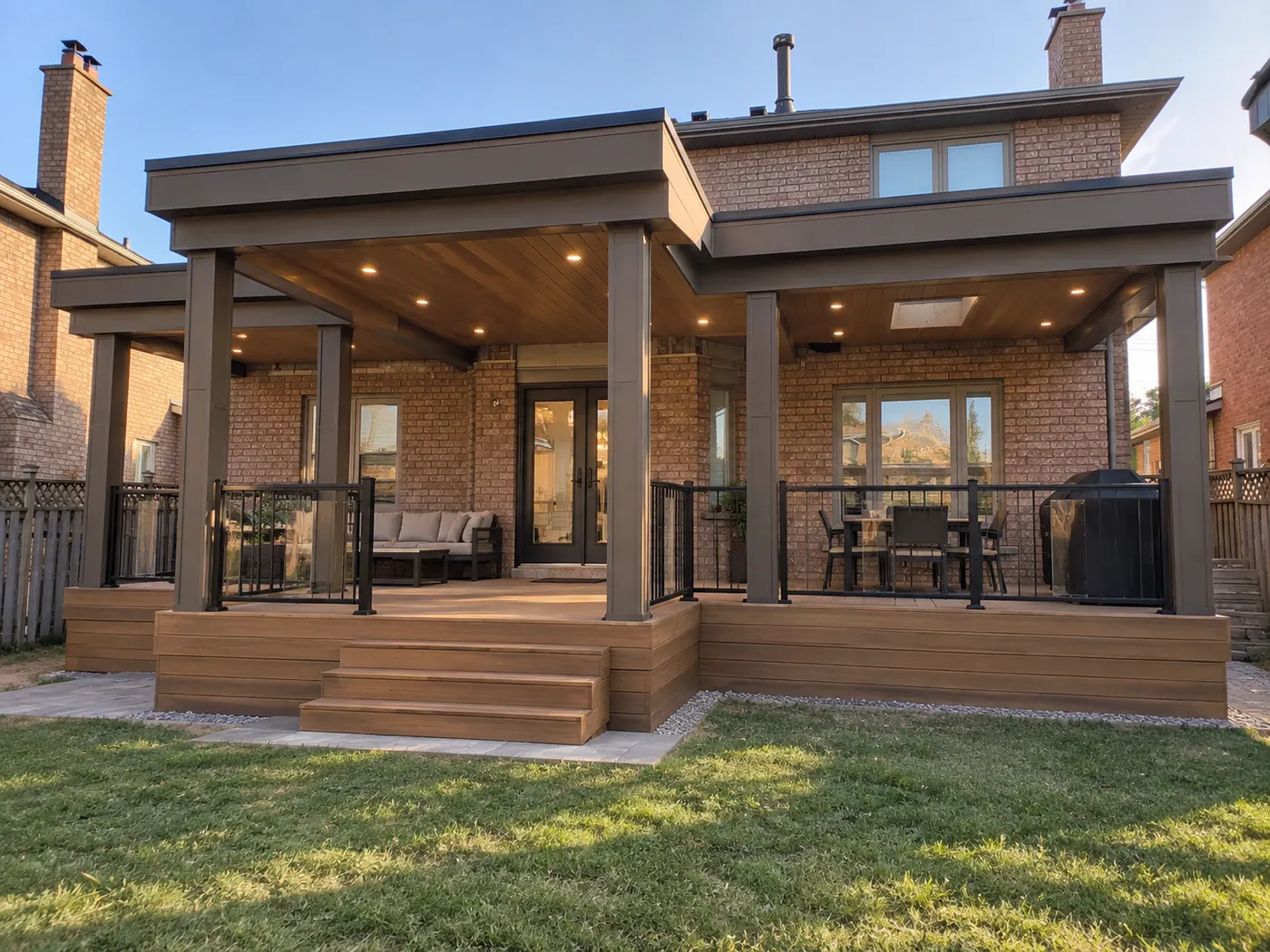 Front view of a covered backyard deck with wide stairs and black railings in Vaughan